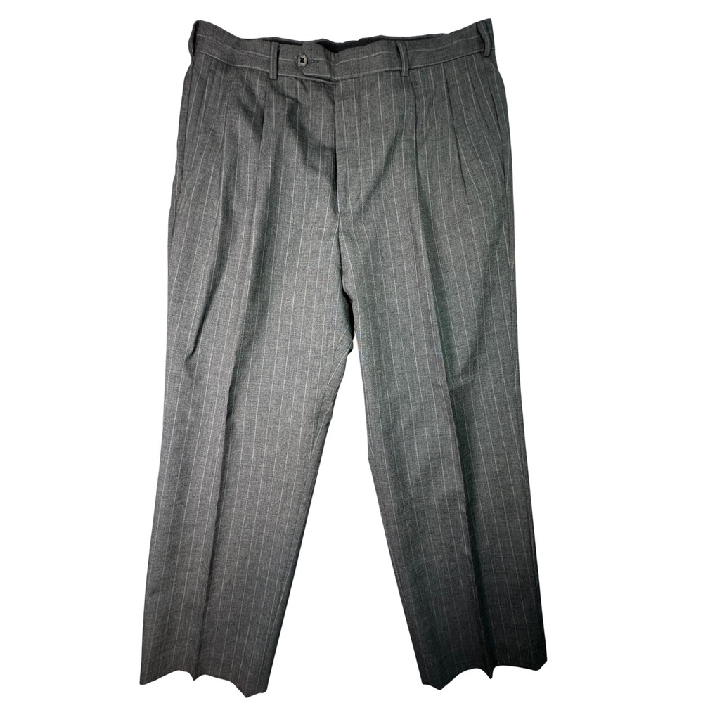 Lands'‎ End Mens Pinstripe Wool Pleated Dress Pants Vintage 35 Grey